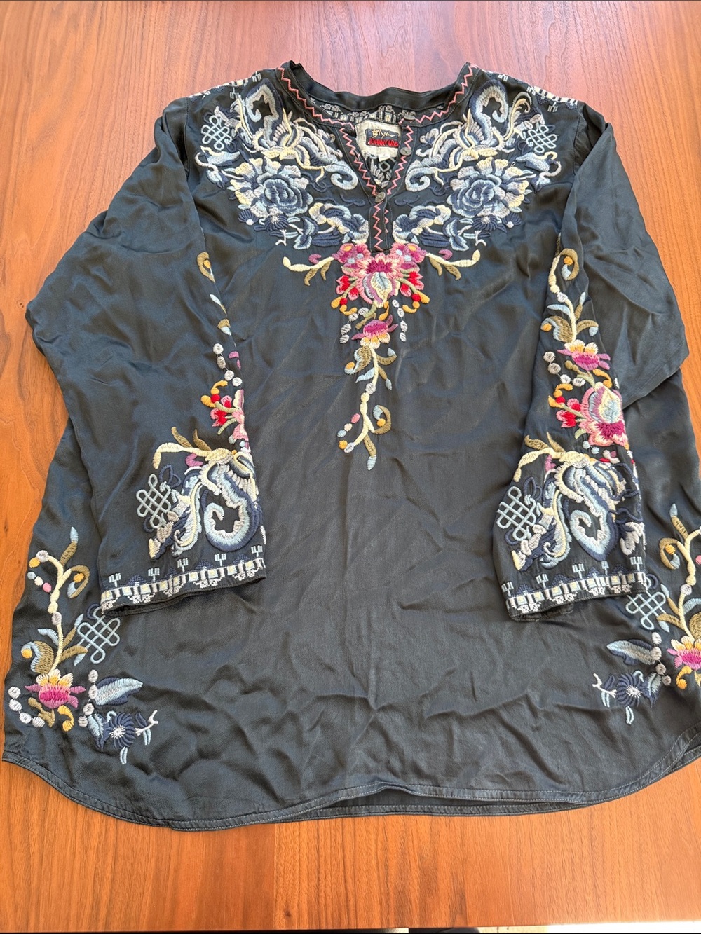 Johnny Was Black Embroidered Floral Tunic with Pink & Blue Accents
